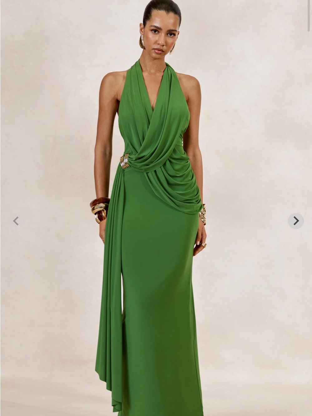 Green Halter Backless Draped Evening Gown